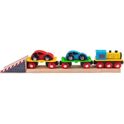 Дървена играчка Bigjigs - Влакче автовоз, с колички (BJT199)