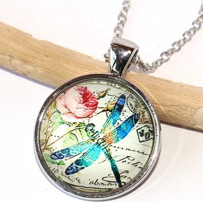 Jewerly Fashion Řetízek Amulet Barevná vážka s růží Dragonfly, Love to be free 2555