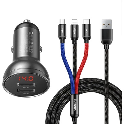 Baseus Car Charger with display 24W + Cable USB 3in1 Baseus Three Primary Colors 1, 2m (TZCCBX-0G)