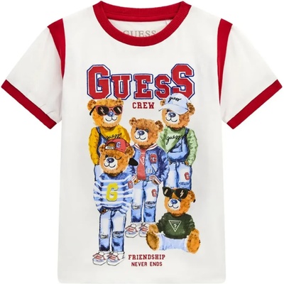 GUESS Тениска в бяло с червени детайли за мини момче с много цветни щампи отпред Guess
