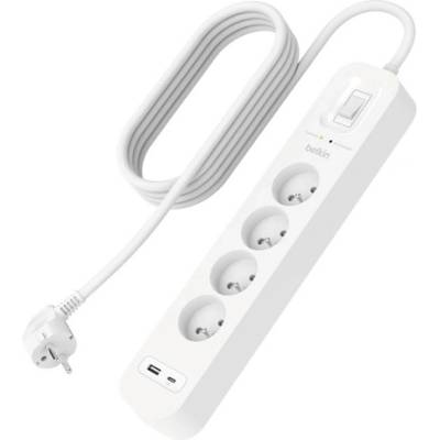 Beats BELKIN мрежов разклонител с 4 гнезда AC+USB+Type-C, защита от пренапрежение, PD бързо зареждане + захранващ кабел 200 см, БЯЛ SRB001CA2M (SRB001CA2M)