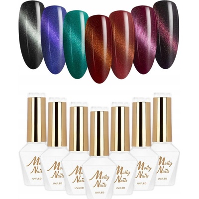 7x Hybridní lak MOLLYNAILS 8g Cat Eye Seduction SADA 7v1 na nehty