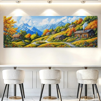 Obraz na plátně - Horské svahy s dřevěnými chatami FeelHappy.cz Velikost obrazu (šířka x výška): 90 x 30 cm