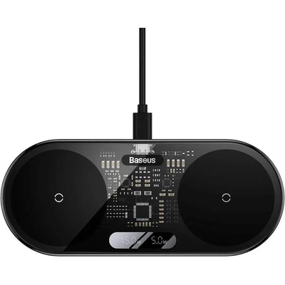 Baseus Digtal LED Display 2in1 Wireless Charger 20W (WXSX010101) - двойна поставка (пад) с Fast Charge технология за безжично зареждане за Qi съвместими устройства (черен-прозрачен)