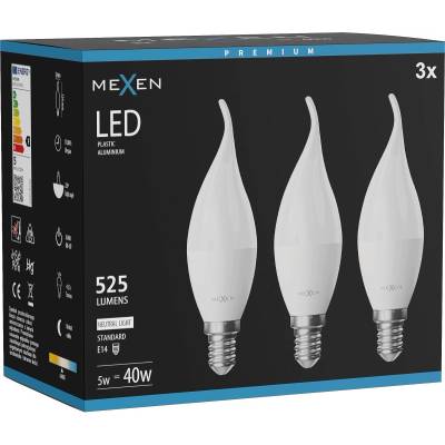 Mexen Nova 3x LED крушка пламък E14, C37, 5W, Неутрална - 4000K, 525 lm - L106-E14-0540-01x03 (L106-E14-0540-01x03)