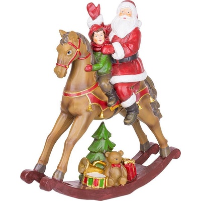 MagicHome Dekorace Vánoce Santa s chlapečkem na koni polyresin 28x10x30 cm