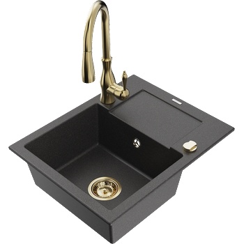 Mexen Enzo кухненска мивка гранитна с 1 отделение и сушилник с кухненски смесител Savita, черен на петна - 6506-76-672601-50 (6506-76-672601-50)