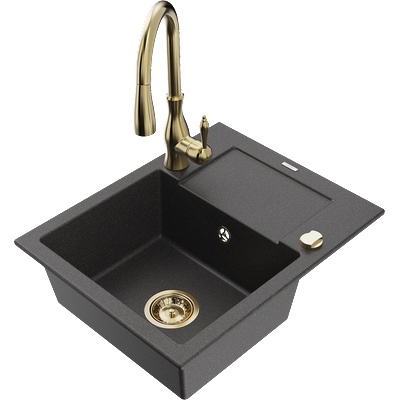 Mexen Enzo кухненска мивка гранитна с 1 отделение и сушилник с кухненски смесител Savita, черен на петна - 6506-76-672601-50 (6506-76-672601-50)