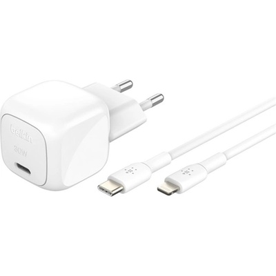 Belkin BOOSTCHARGE мрежово зарядно устройство с Type-C конектор, 30 W, PD 3.0 за бързо зареждане + Lightning кабел, БЯЛО WCA008KQ1MWH-B5 (WCA008KQ1MWH-B5)