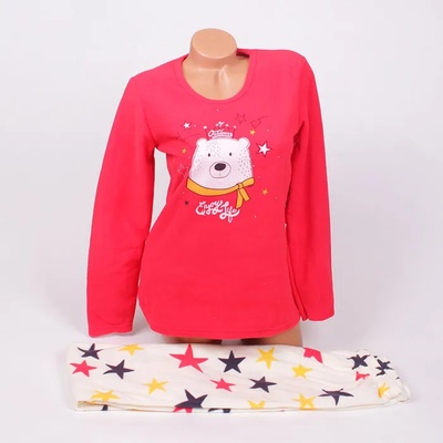 Поларена пижама в червено с мече и бяло със звезди