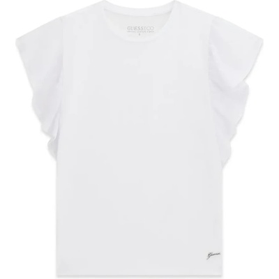 GUESS Бяла тениска за момиче с воали и малък надпис Guess