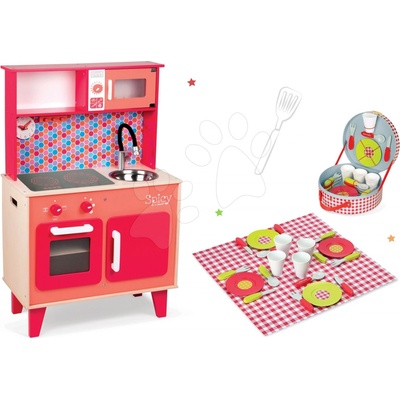 Janod set drevená Spicy Cooker červená a obedová súprava v kufríku 06573-2