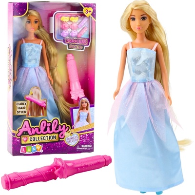 LEAN Toys 24494 Bábika Anlily v modrých šatách s kulmou a sponkami do vlasov