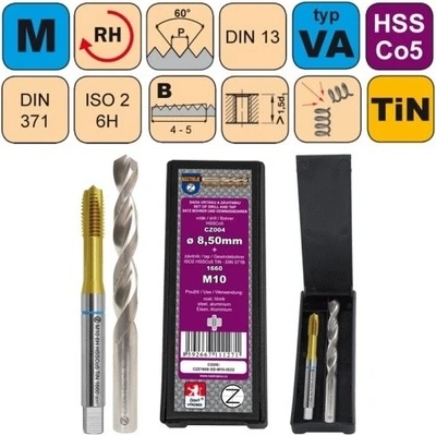 NÁSTROJE CZ Sada str. závitníku /CZZ1660/ HSSCo5 TiN a vrtáku CZ004 HSSCo5 v plastové krabičce CZZ Závit: SD-M10