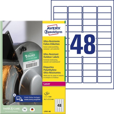 Avery-Zweckform L7911-40 45.7 x 21.1 mm polyethilenová fólie biela 1920 ks trvalé Fóliové etikety laser, kópie