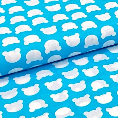 Bavlněné plátno P0682 aqua, bílé medvědí hlavy, š.140