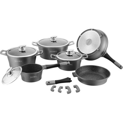 Royalty Line Комплект тенджери и тигани Royalty Line RL-ES1014M Silver, Лят алуминий, 14 части, Мраморно покритие, Сребрист (RLES1014MS)