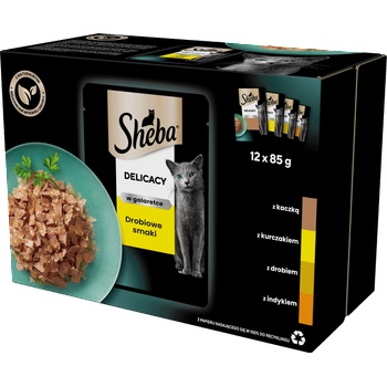 Sheba Delicacy Poultry Flavours пакетчета 12x85g - пълноценна влажна храна за възрастни котки, в желе (парчета с: патица, пиле, домашни птици, пуйка)