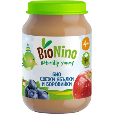 BioNino Био плодово пюре BioNino - Ябълки и боровинки, 4 м+, 190 g (BN2157)