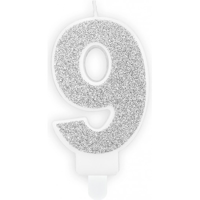 Narozeninová svíčka třpytivě stříbrná "číslo 9", 7 cm