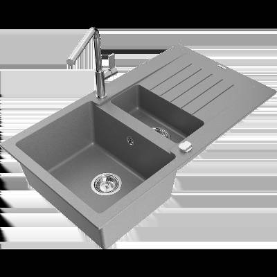 Matias гранитна мивка 1, 5 отделения с отцедник и кухненски смесител Flora, сив - 6502-71-670401-00 (6502-71-670401-00)