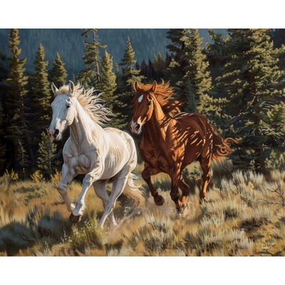ZUTY Obrazy na stenu - BEŽIACE KONE A HORY Rámovanie: vypnuté plátno na rám, Rozmer: 40x50 cm