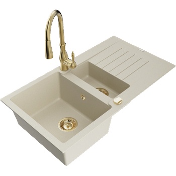 Mexen Matias гранитна мивка с 1, 5 камери с отцедник и кухненски смесител Savita, бежов - 6502-69-672601-50 (6502-69-672601-50)