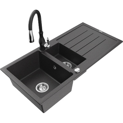 Mexen Andres гранитна мивка с 1, 5 камери и отцедник и кухненски смесител Savita, черна на петна - 6515-76-672601-70 (6515-76-672601-70)