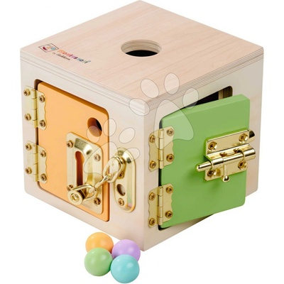 Cube Eichhorn Drevená kocka so zámkami Montessori Lock 4 rôzne uzatváracie mechanizmy od 3 rokov EH6054