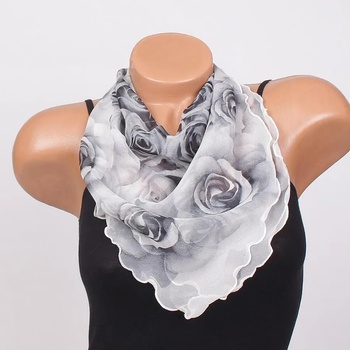 Image 1 of Ефектно копринено фишу в бяло и черно с рози