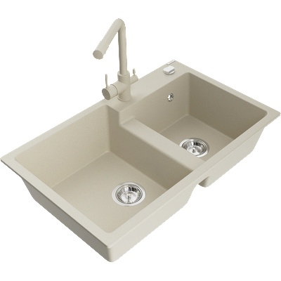 Mexen Tomas кухненска мивка от гранит с 2 отделения и кухненски смесител Duero, бежов - 6516-69-671600-69 (6516-69-671600-69)