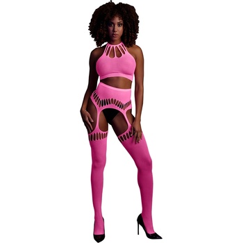 Image 1 of Ouch! Glow in the Dark Two Piece with Crop Top and Stockings Neon Pink S/M/L