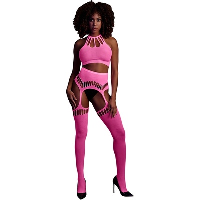 Ouch! Glow in the Dark Two Piece with Crop Top and Stockings Neon Pink S/M/L