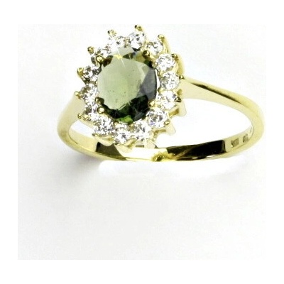Čištín Zlatý prsten žluté i bílé zlato,Kate přírodní vltavín čiré zirkony T 1507