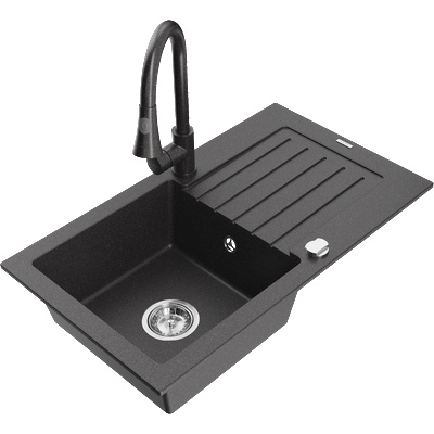 Mexen Pablo гранитна мивка с 1 отделение с отцедник и кухненски смесител Elia, черен с точки - 6510-76-670101-76 (6510-76-670101-76)