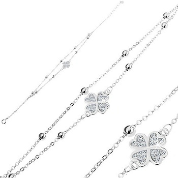 Šperky eshop stříbrný náramek čirý zirkonový čtyřlístek dva řetízky s kuličkami G24.07