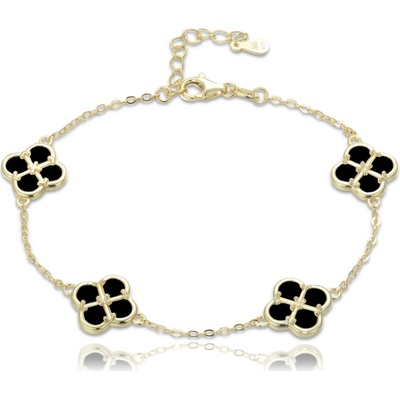 MINET 1255 Pozlacený stříbrný náramek čtyřlístky s černou perletí