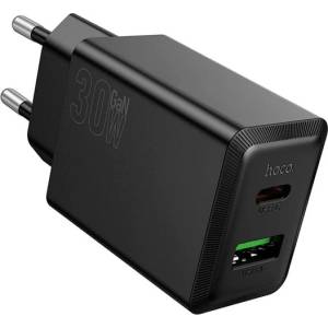 hoco. N71 мрежово зарядно устройство с USB+Type-C изход, 30 W, PD 3.0 за бързо зареждане, ЧЕРНО N71_B (N71_B)