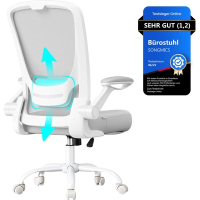SONGMICS ergonomic office chair, swivel chair with mesh, lumbar and headrest, rocker function, 53 cm seat, folding armrests, study and bedroom, students, light gray OBN037G02 - OBN37BK