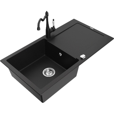 Mexen Leo гранитна мивка с 1 отделение, отцедник и кухненски смесител Carla, черен - 6501-77-670700-70 (6501-77-670700-70)