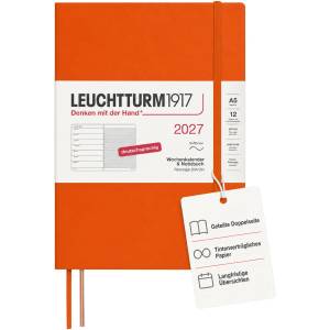 Leuchtturm1917 Weekly Calendar 2027 Medium (A5) with Notebook - Appointment Planner German, Pumpkin, Softcover, January-December 2027, Weekly Overview on the Left + Notes Page on the Right - 400069 (400069)