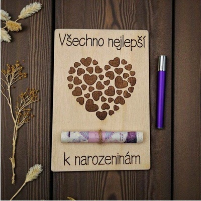 Dekorace z Řečice Dřevěné přání k narozeninám na peníze srdce