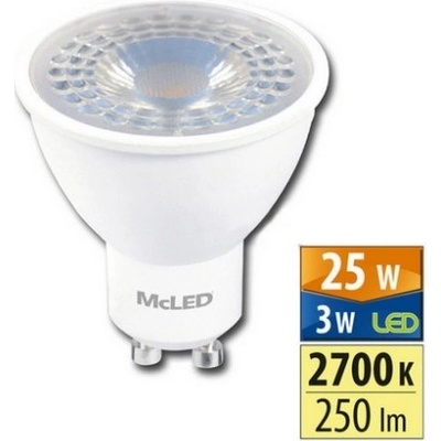 McLED LED žárovka GU10 3W 25W teplá bílá 2700K , reflektor 38°