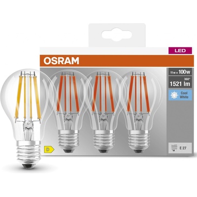 Osram 3PAK LED žiarovka E27 A60 CL 11W = 100W 1521lm 4000K Neutrálne 300° vlákno BASE