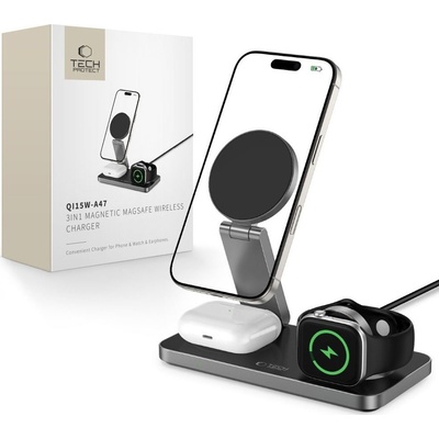 Tech-Protect Bezdrátová nabíječka pro iPhone, Apple Watch a AirPods - Tech-Protect, QI15W-A47 Wireless Charger Black – Sleviste.cz