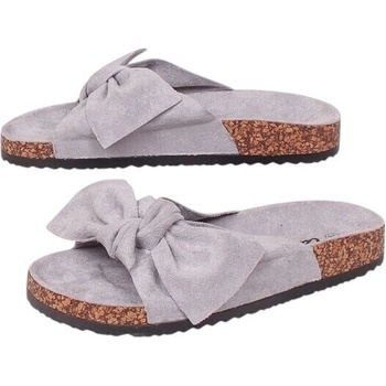 Велурени чехли в сиво с панделка