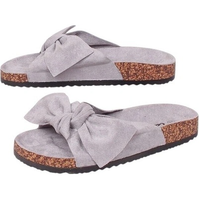 Велурени чехли в сиво с панделка