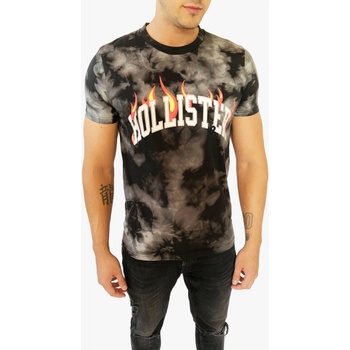 Hollister Flame stylové batikované triko a nápisem tmavě šedé