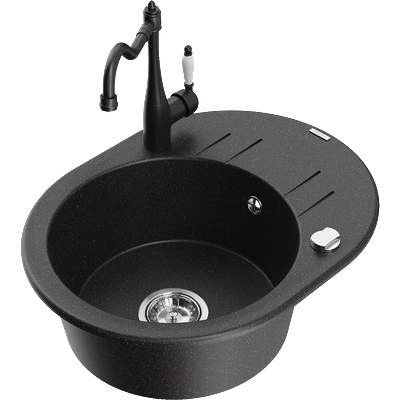 Mexen Kevin мивка от гранит с една камера с отцедник и кухненски смесител Carla, черен/сребърен металик - 6517-73-670700-70 (6517-73-670700-70)