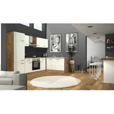 Flex Well Rohová kuchyňská linka se spotřebiči Vintea 280x170 cm barva čela magnólie matná barva korpusu lancelot oak